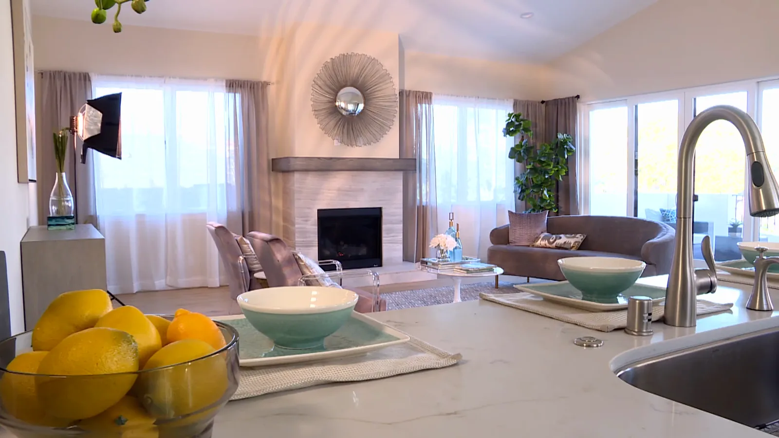 Living room with light oak floors