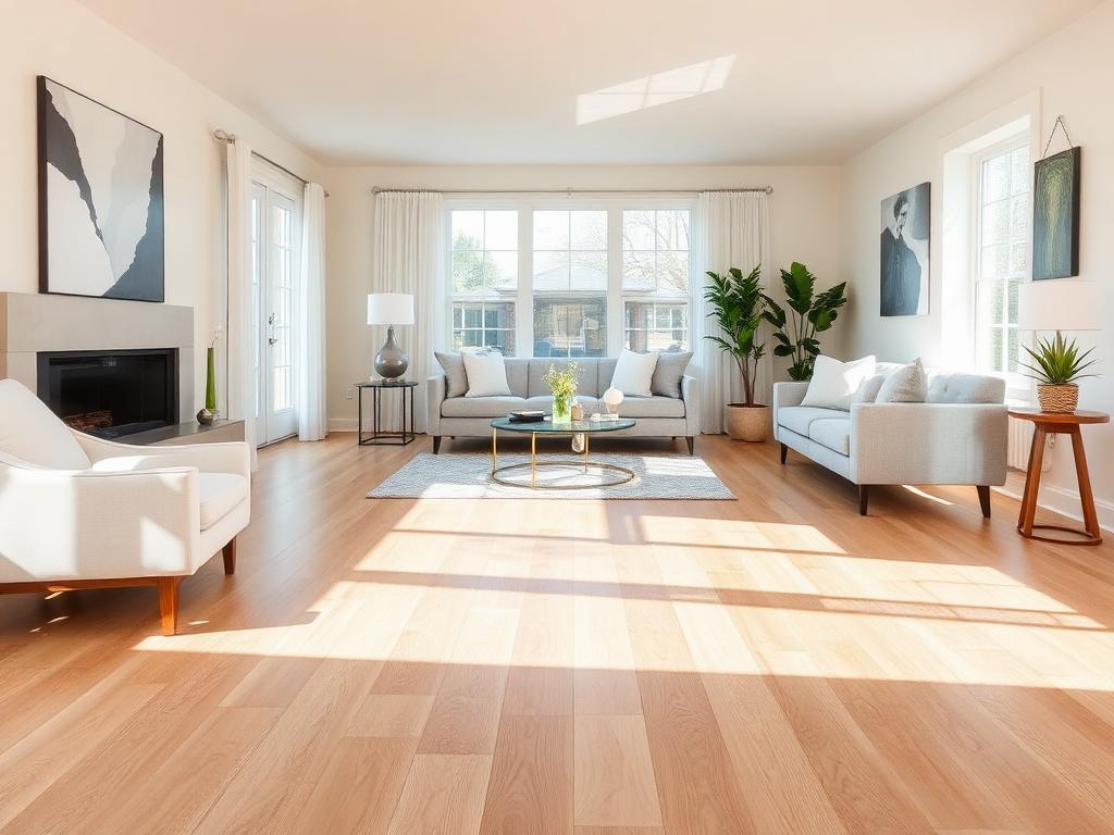 Wide-plank white oak hardwood flooring in a sunlit modern living room with neutral furnishings