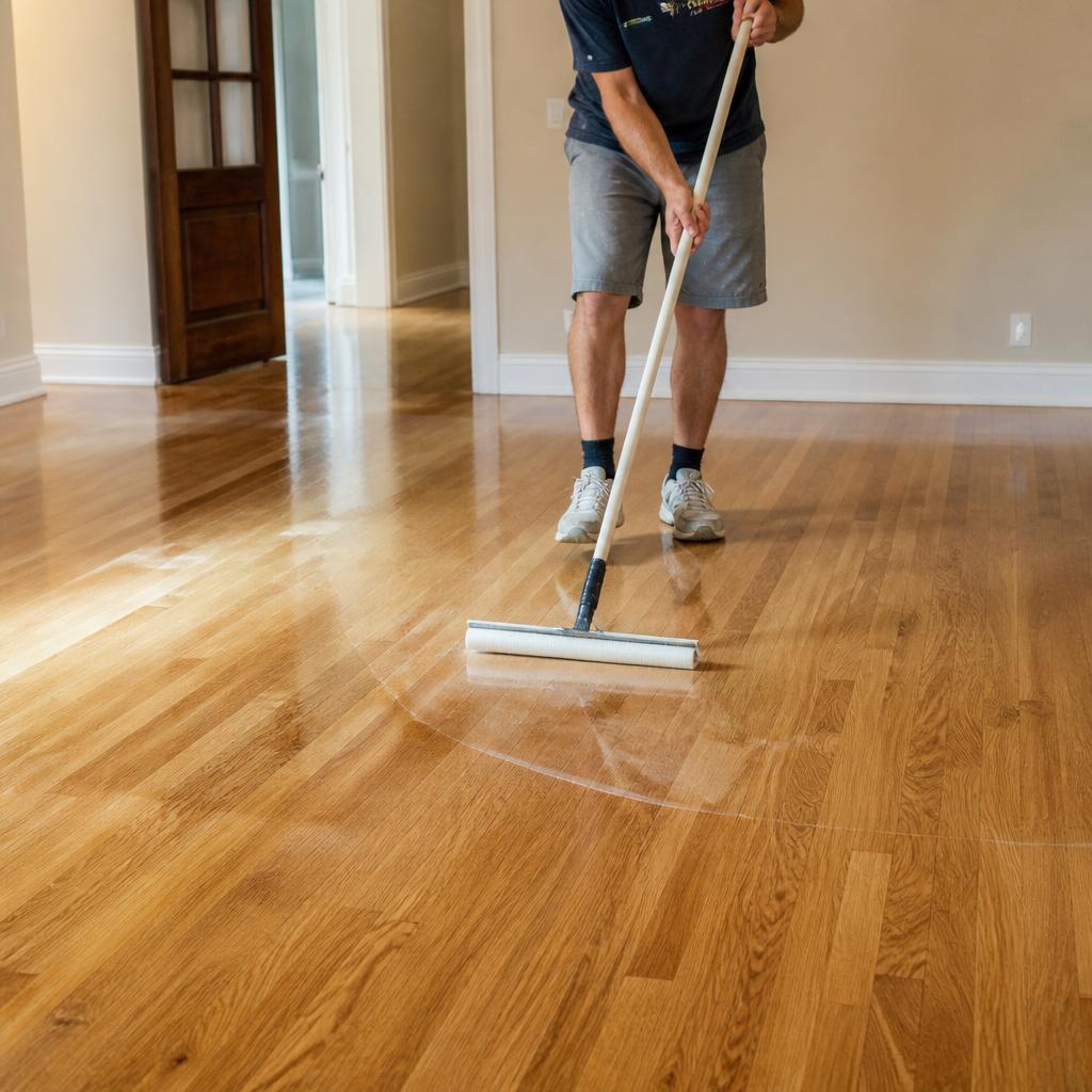 Worker applying clear polyurethane finish to a freshly sanded oak hardwood floor with a T-bar applicator