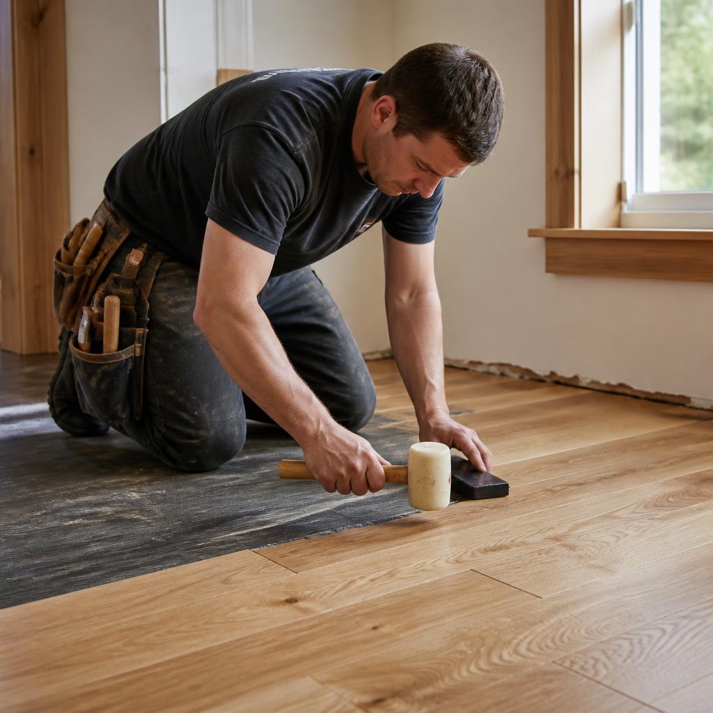 Installer using a pneumatic flooring nailer to secure wide oak planks with staggered seams
