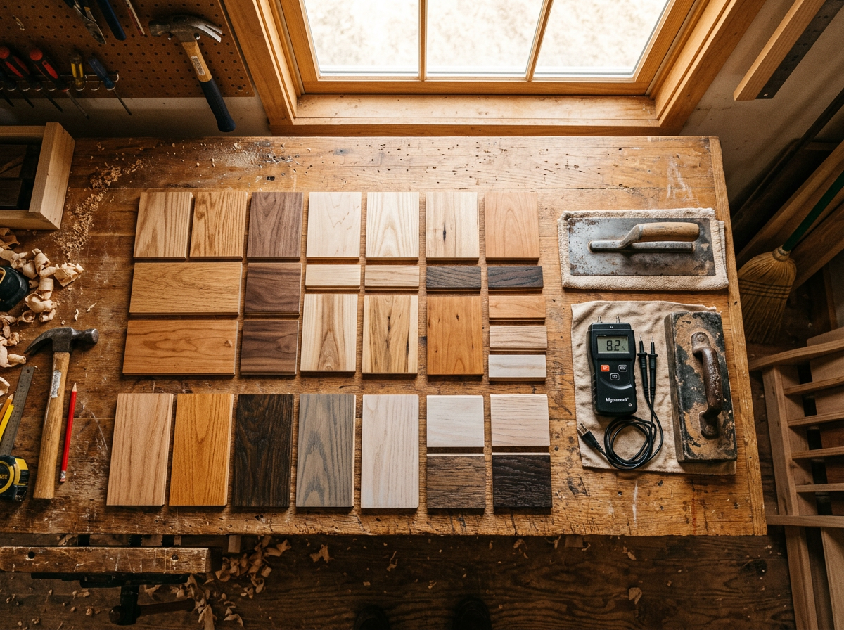 Workbench laid out with wood flooring samples in multiple species and stains alongside installation tools