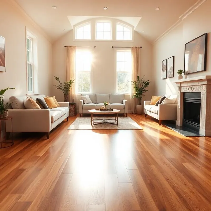 Sunlit living room with gleaming hardwood floor