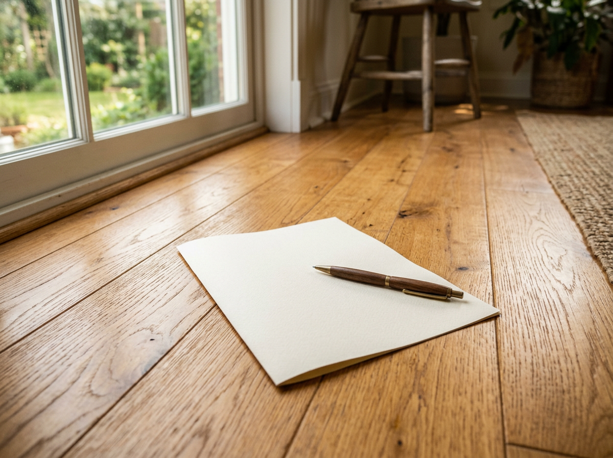 Written workmanship agreement and pen resting on a newly finished honey oak hardwood floor